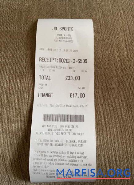 Realistic JD sports store payment receipt example